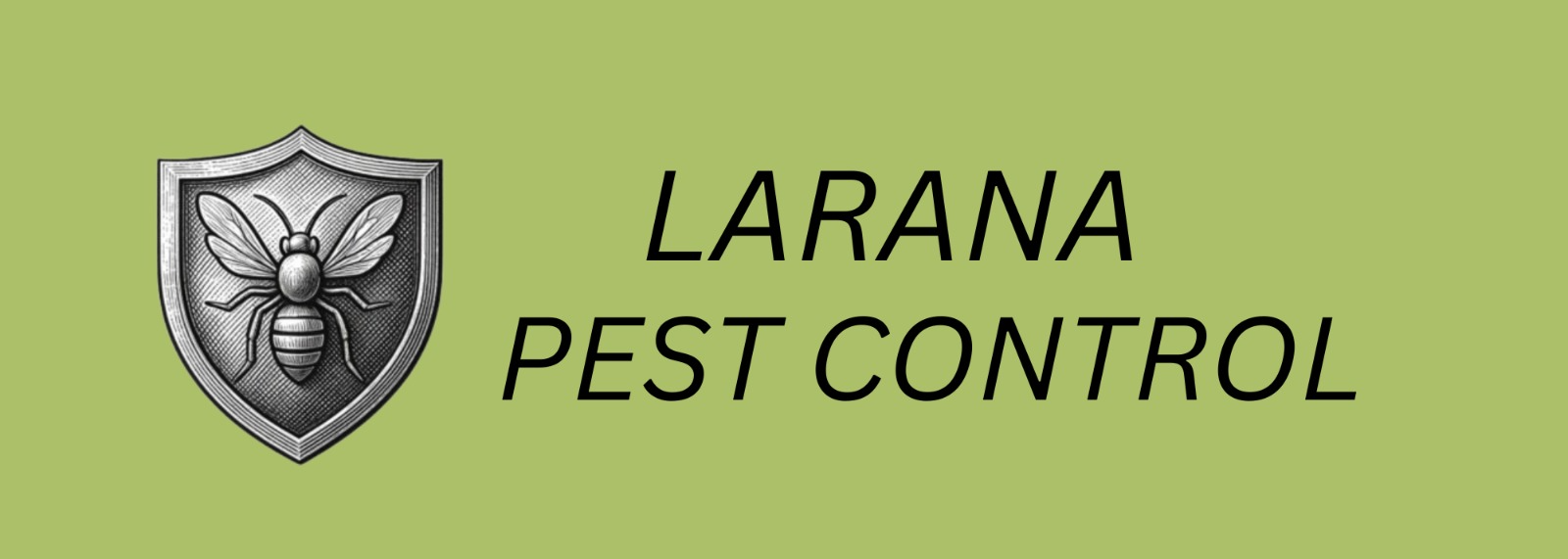 "LARANA Pest Control logo featuring a detailed bee inside a protective shield icon on the left, with the company name 'LARANA PEST CONTROL' in bold black italic text on a light olive green background, representing professional, reliable, and eco-friendly pest control services."